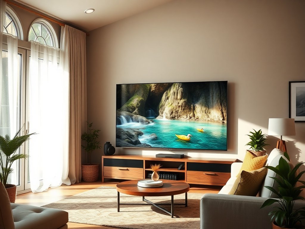 A clean, modern living room at dusk with a large 4K TV displaying a crystal-clear nature documentary, highlighting the vivid colors and sharp details possible with a premium IPTV subscription.