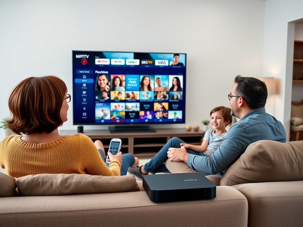 A family enjoying various channels on their TV with an Xtream Codes IPTV Subscription setup visible.