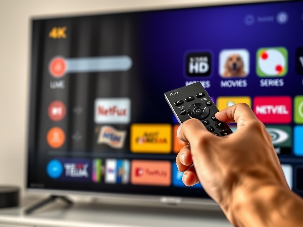 A person holding a remote control, navigating an intuitive IPTV interface on a 4K television screen, with icons for live TV, movies, series, and settings clearly visible, emphasizing ease of use and high resolution.