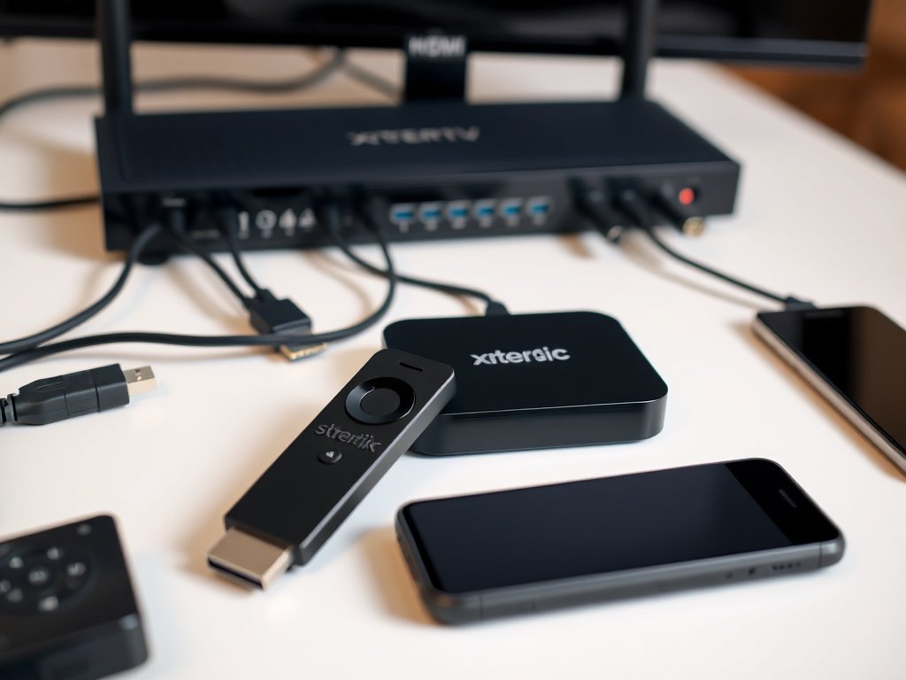An array of streaming devices connected to a router, illustrating the flexibility of an Xtream Codes IPTV Subscription.