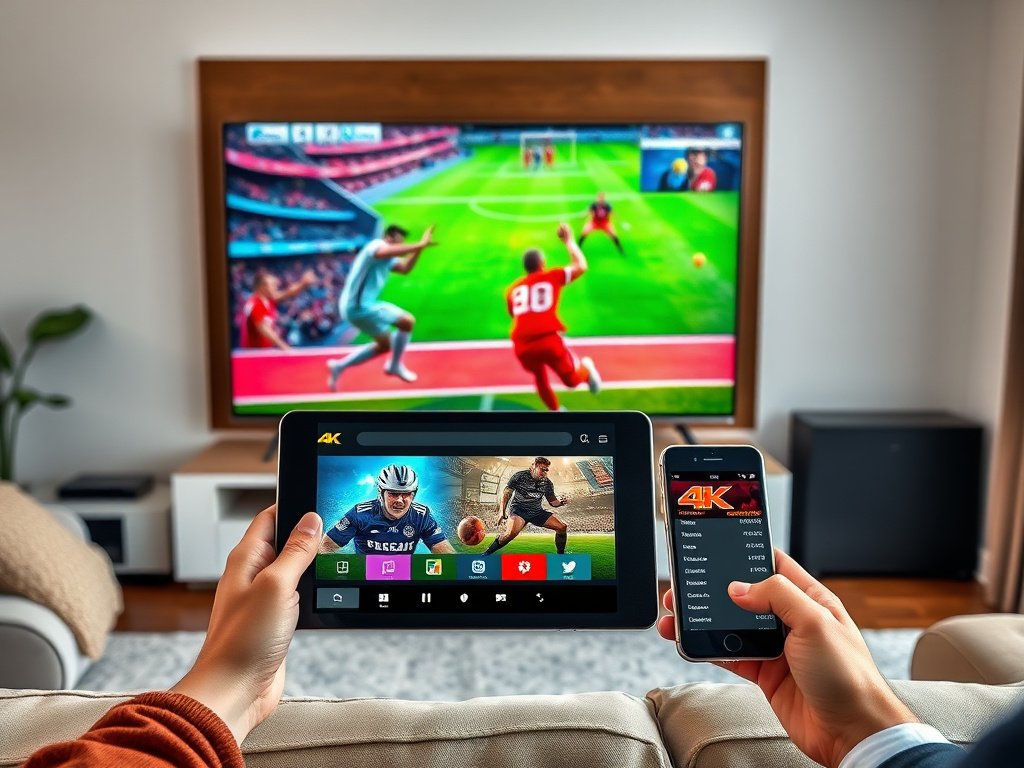 Best IPTV Subscription 4K streaming on multiple devices: a living room setup with a large 4K TV displaying a vibrant sports match, a tablet showing a movie, and a phone with a channel list, all connected to an Xtream IPTV interface.