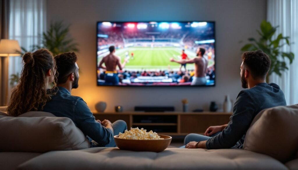 Ufc Ppv Live Stream Iptv 2026: A group of friends watching a live event on a big screen with a IPTV service