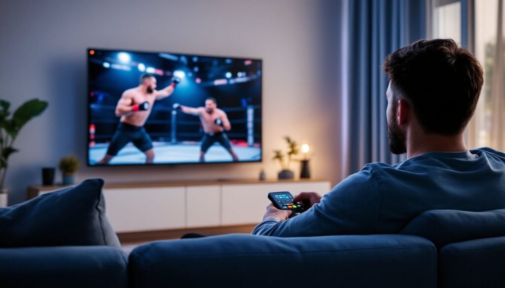 Ufc Ppv Live Stream Iptv 2026: A man watching a UFC fight on his TV with a reliable IPTV service