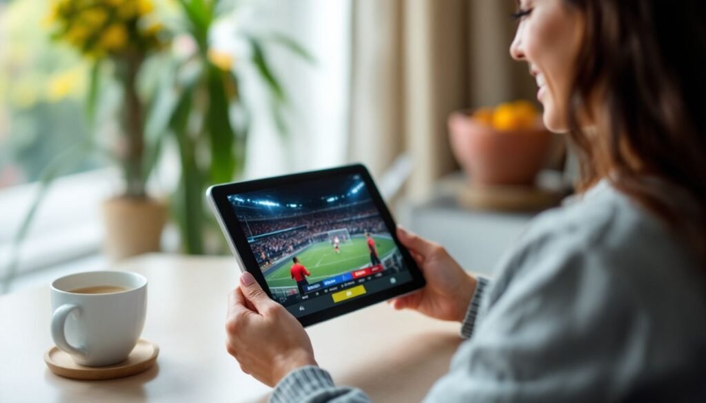 Ufc Ppv Live Stream Iptv: A woman holding a tablet with a high-quality stream of a live event