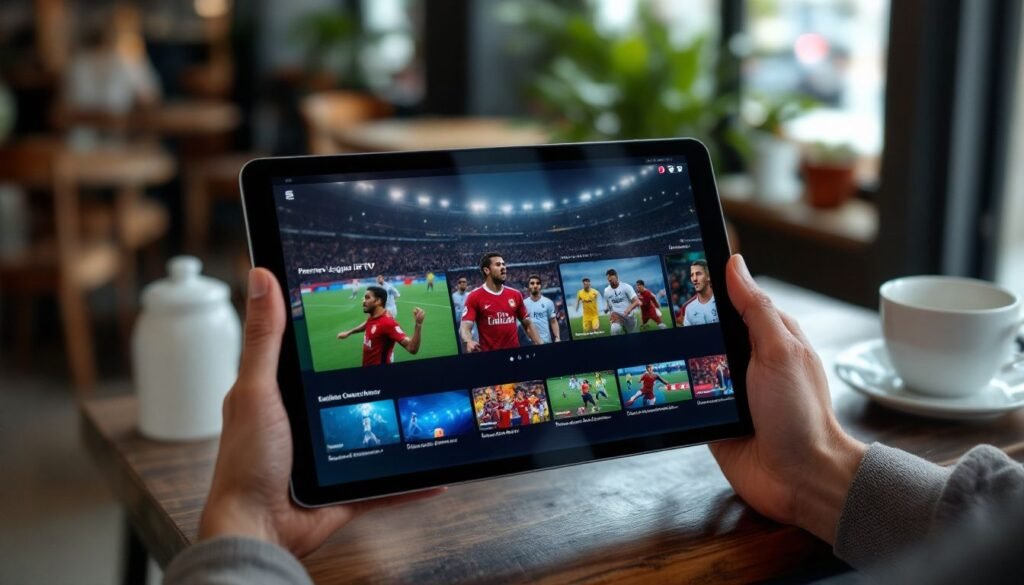 watch premier league live iptv — Person holding a tablet with an IPTV app open for premier league live iptv streaming