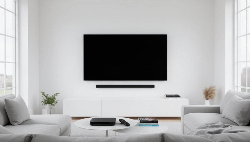 A modern living room with a large flat screen TV displaying a football match on a black background