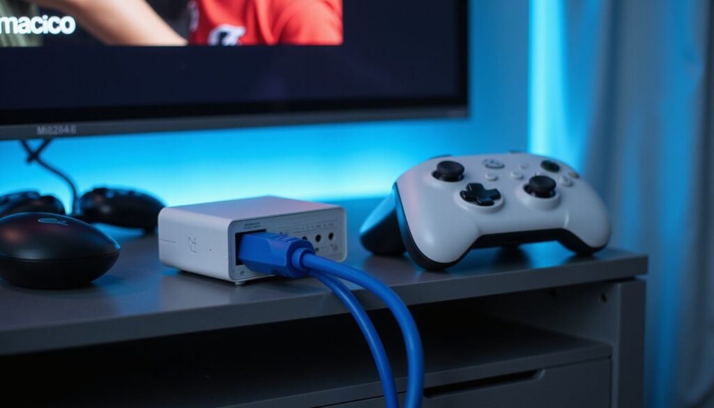 A white gaming console with a blue cable connected to a television stand in a dimly lit room