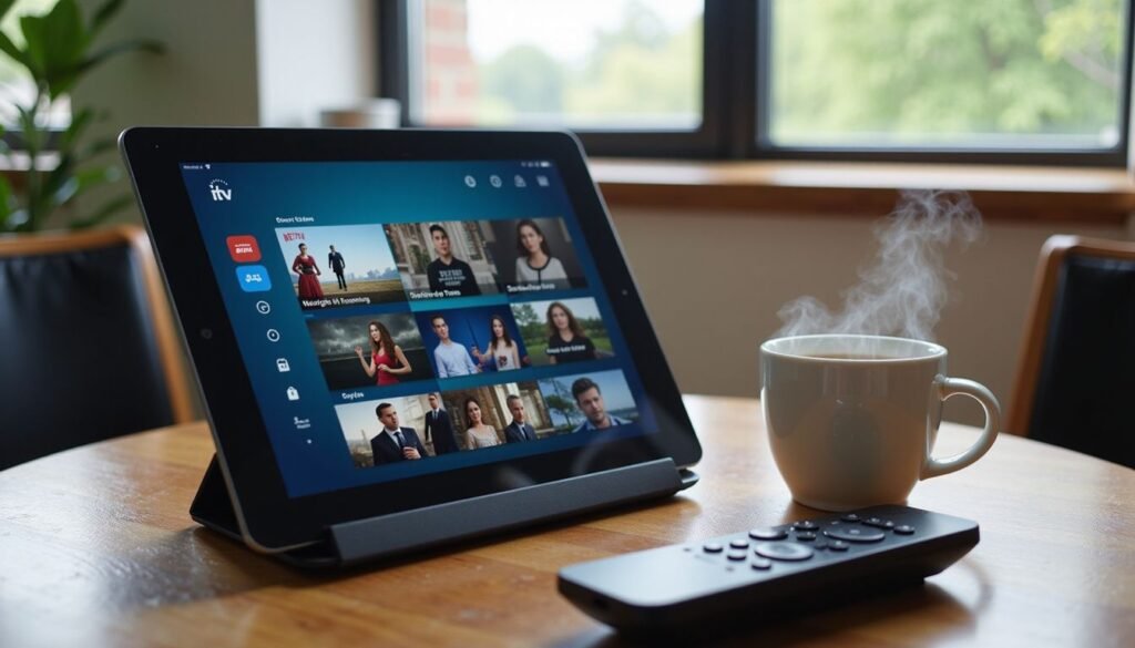 Close‑up of a handheld remote controlling an iptv au app on a tablet beside a coffee mug