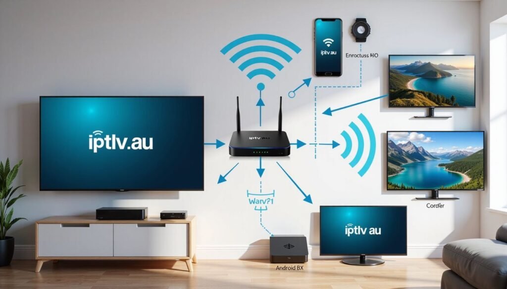 Diagram of a home network with router, smart TV, and mobile device streaming iptv au content