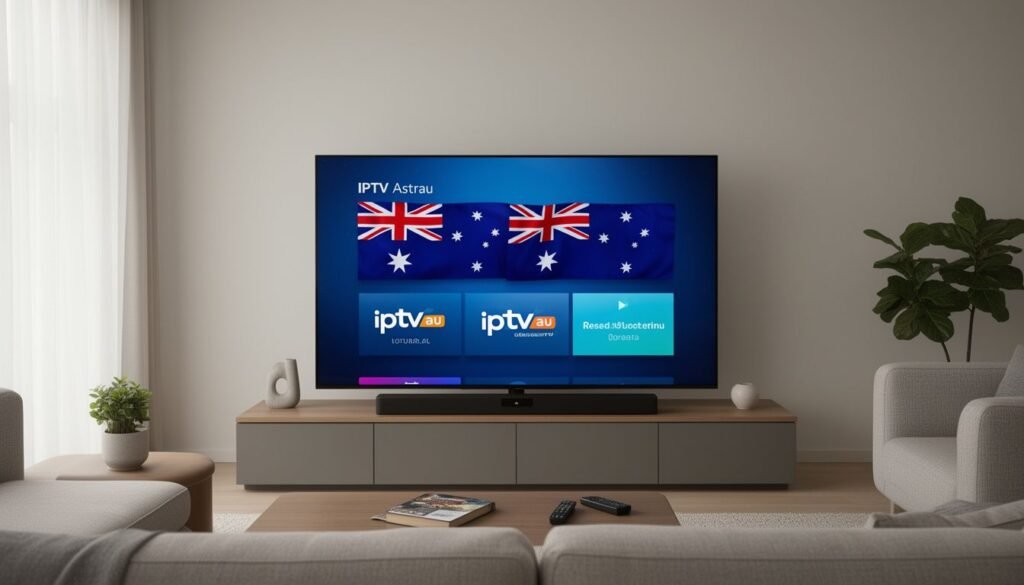 Featured image showing a sleek smart TV displaying iptv au interface with Australian channels