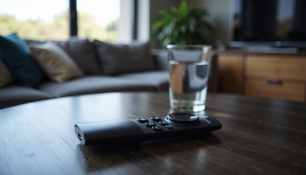 Illustration for watch premier league live iptv — A close up of a black remote control resting on a wooden coffee table next to a glass of water