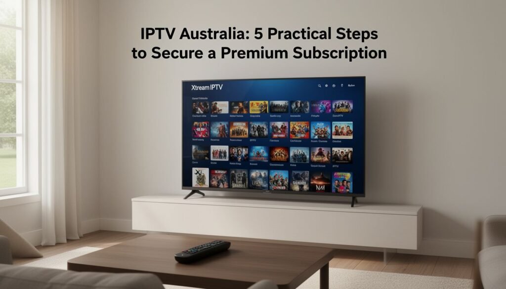 iptv australia dashboard displayed on a modern smart TV with remote control