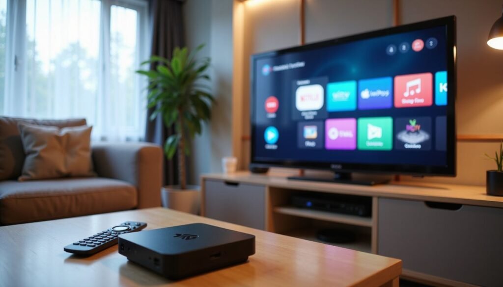 iptv for android box — Close‑up of Xtream IPTV app interface on Android TV screen displaying channel guide