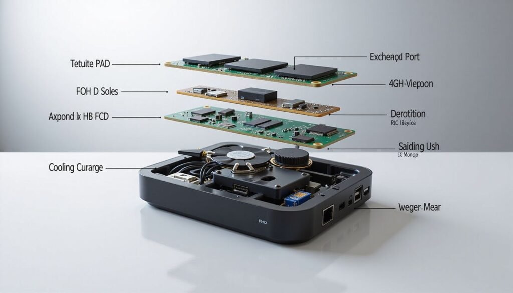 iptv for android box — Diagram of Android box hardware components highlighting CPU, RAM, and ventilation fans