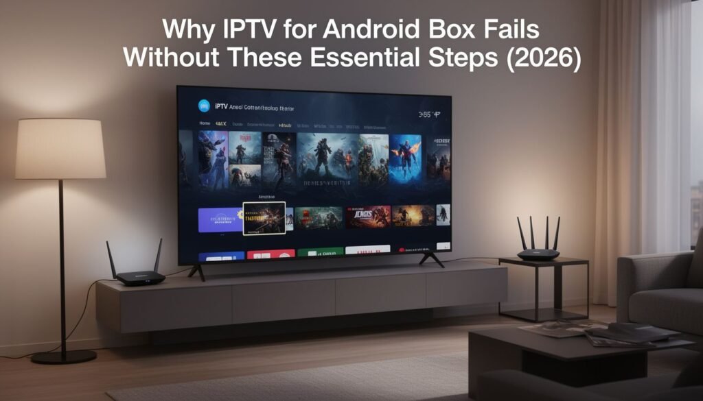 iptv for android box setup showing a modern living room TV with Android box connected, Wi‑Fi router visible