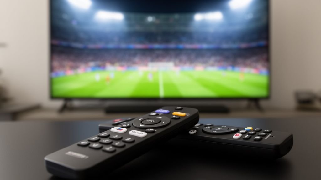 A close-up of a modern remote control resting on a dark surface next to a smart TV remote