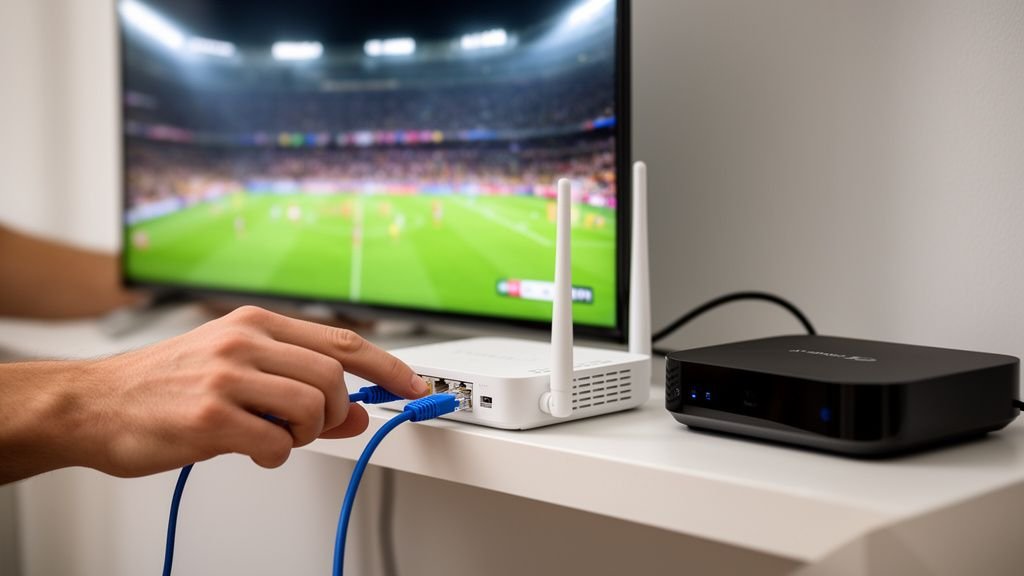 A hand plugging an ethernet cable into a Wi-Fi router, an Android TV box connected nearby on a shelf