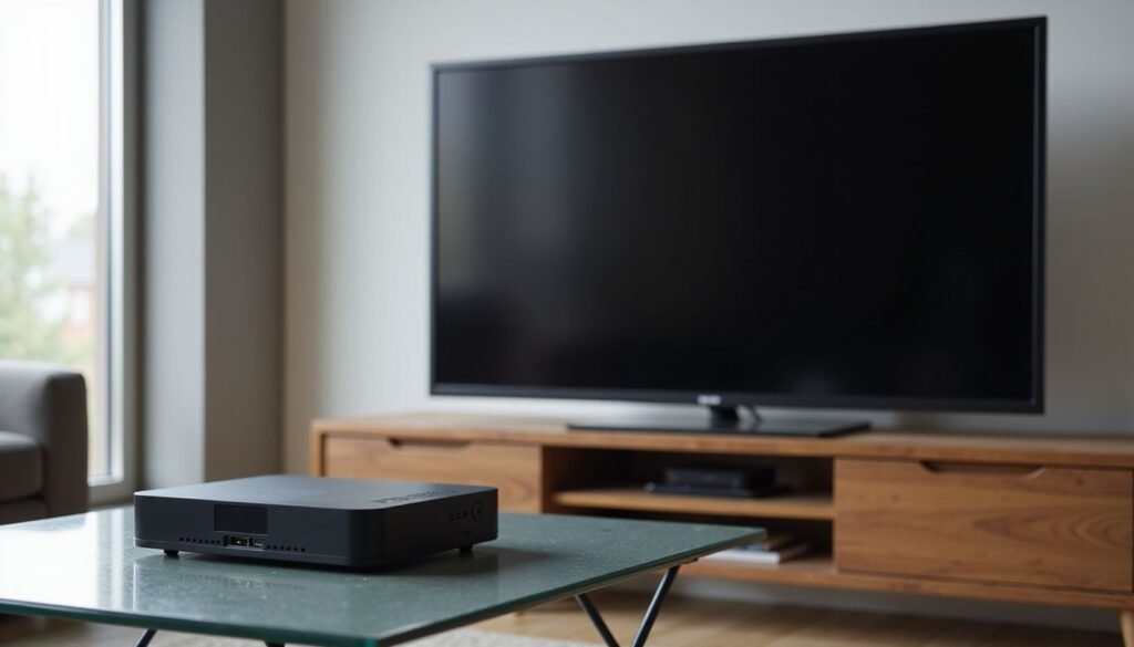 A modern living room setup with a television and streaming device box