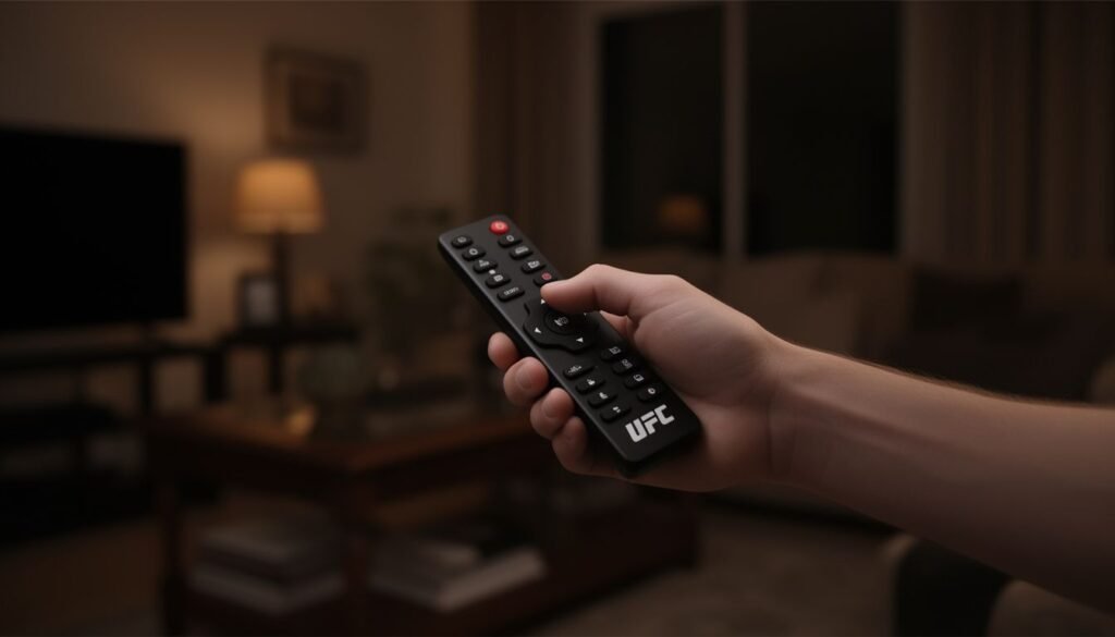 A person holding a remote control in a dimly lit living room
