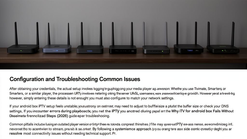 A row of various streaming media boxes and routers lined up on a dark shelf against a neutral wall