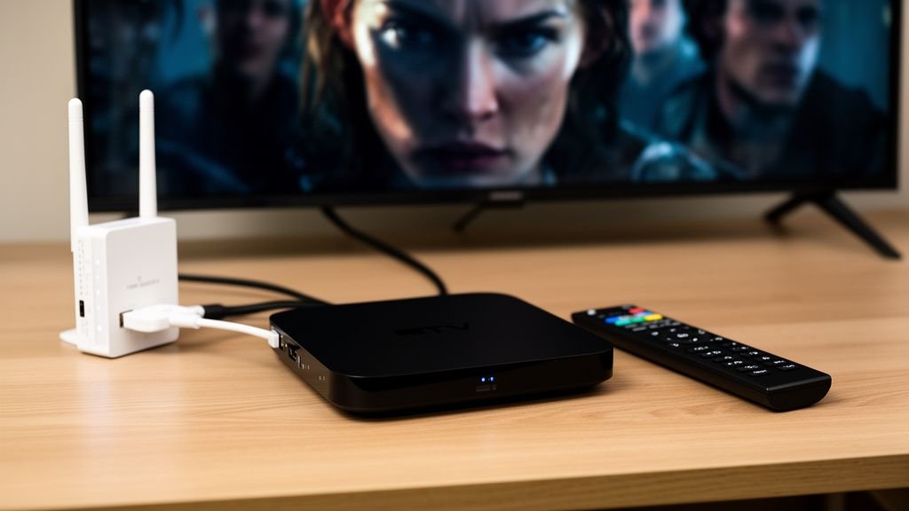 A sleek Android TV box connected to a router via HDMI cable on a wooden desk with a remote control nearby