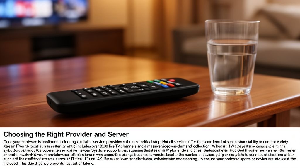 Illustration for android box iptv — A close-up of a black remote control resting on a wooden coffee table next to a glass of water