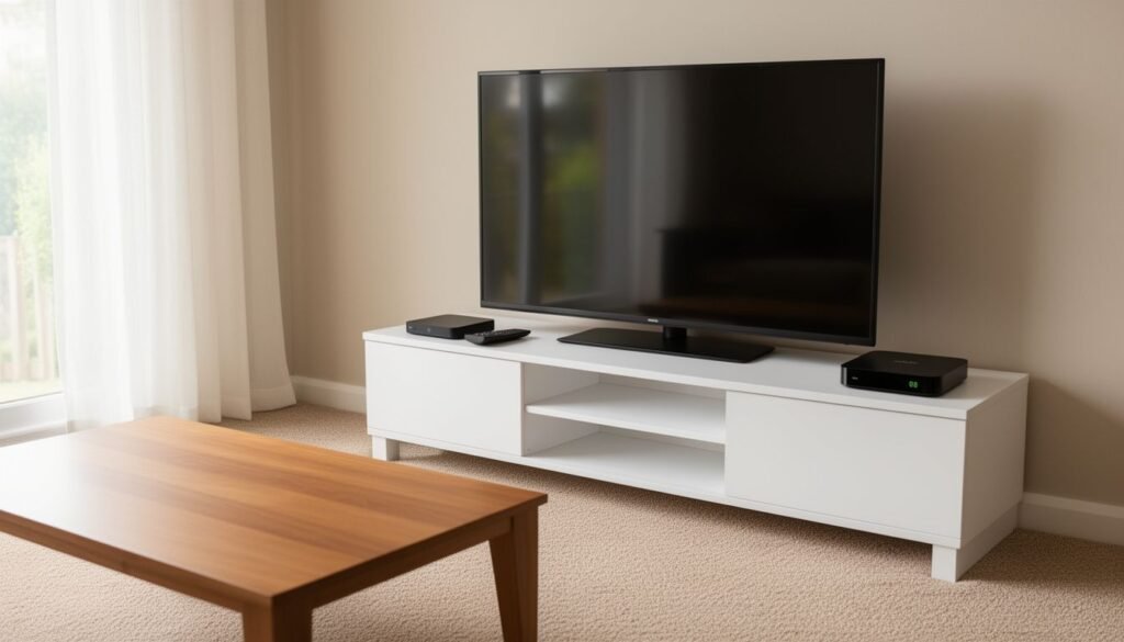 Illustration for android box iptv — A modern living room with a large flat screen television and a black android media box sitting on a white media console