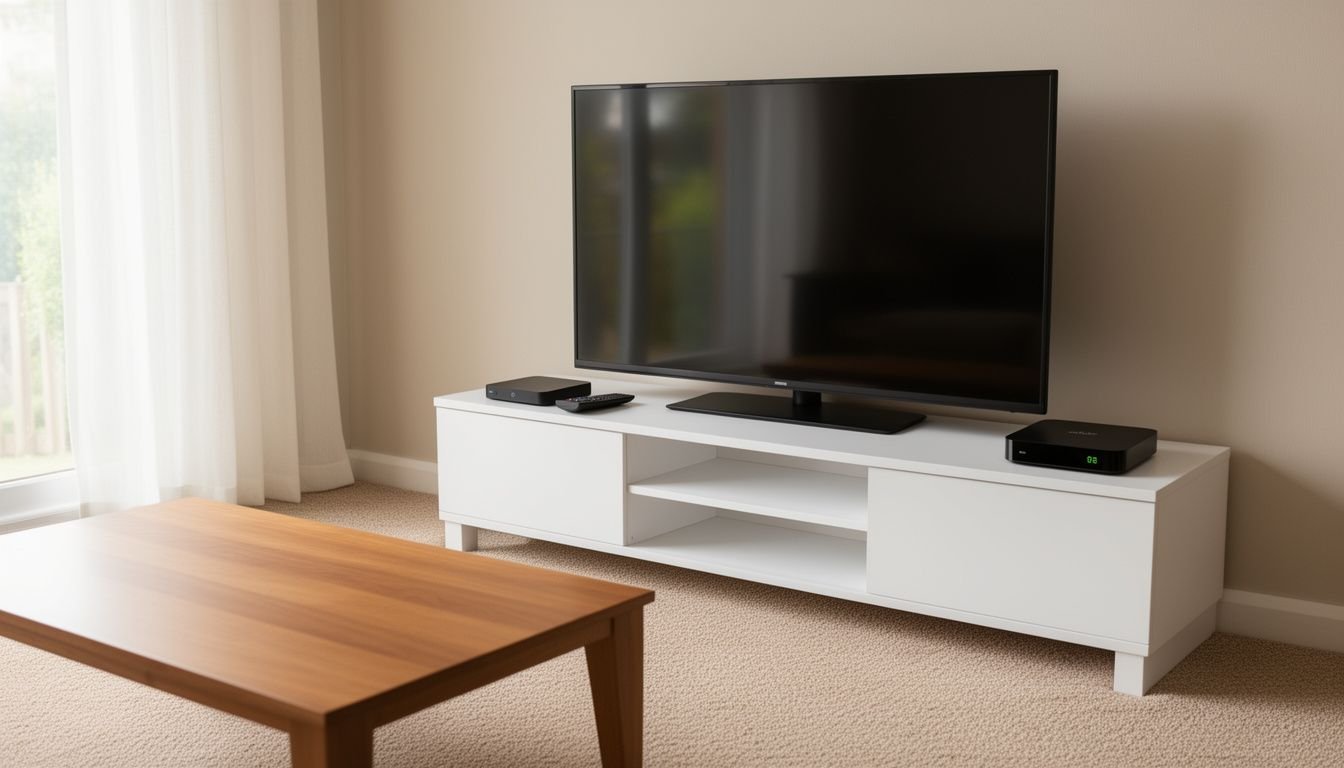 Illustration for android box iptv — A modern living room with a large flat screen television and a black android media box sitting on a white media console