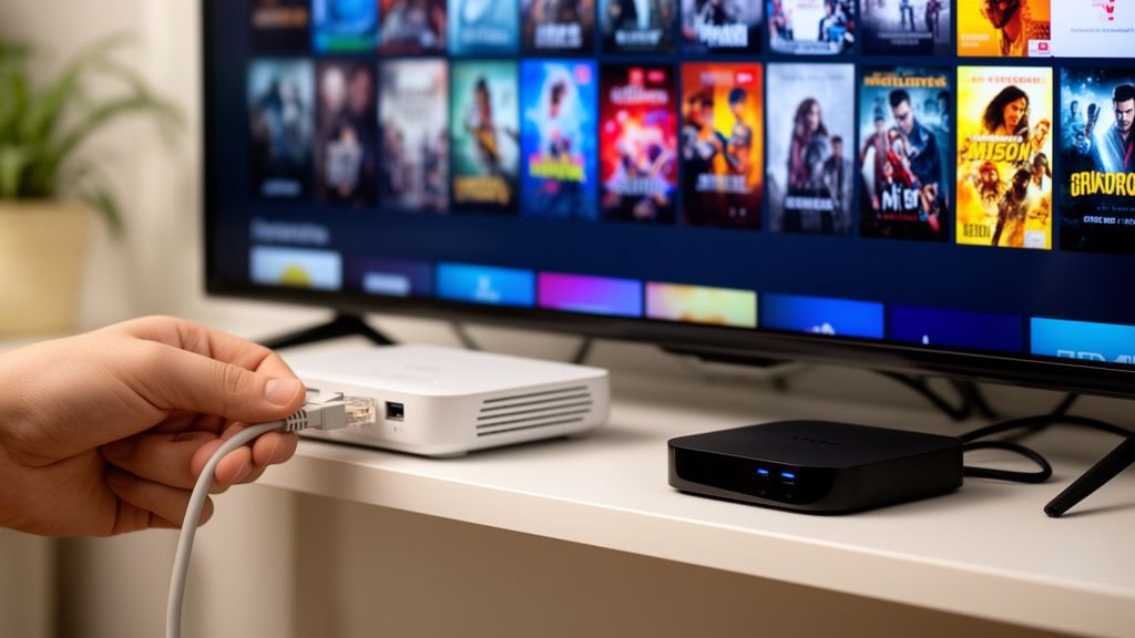 Illustration for best iptv australia — A hand plugging an ethernet cable into a Wi-Fi router, an Android TV box connected nearby on a shelf