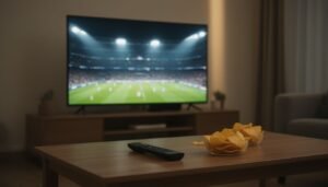 Illustration for best iptv australia — A living room TV showing a live football match in a floodlit stadium, remote and snacks on the table