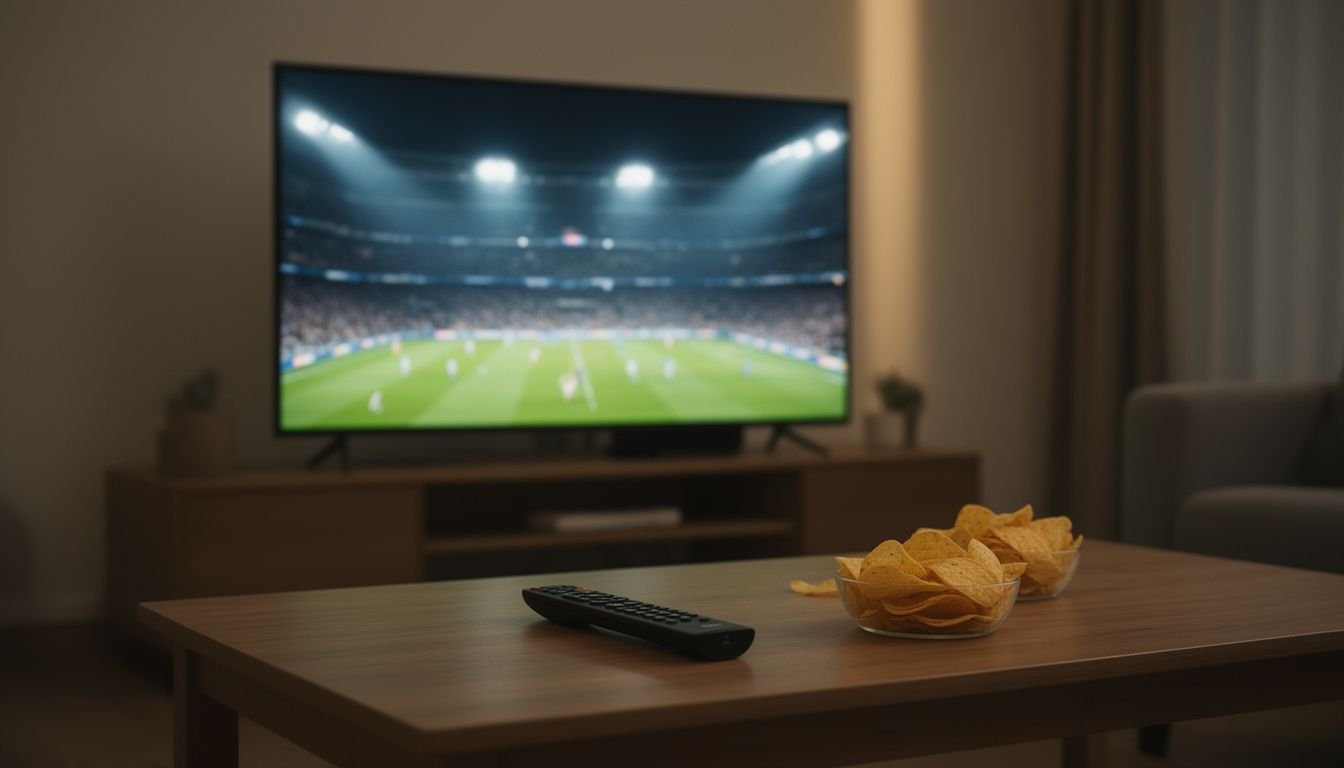 Illustration for best iptv australia — A living room TV showing a live football match in a floodlit stadium, remote and snacks on the table