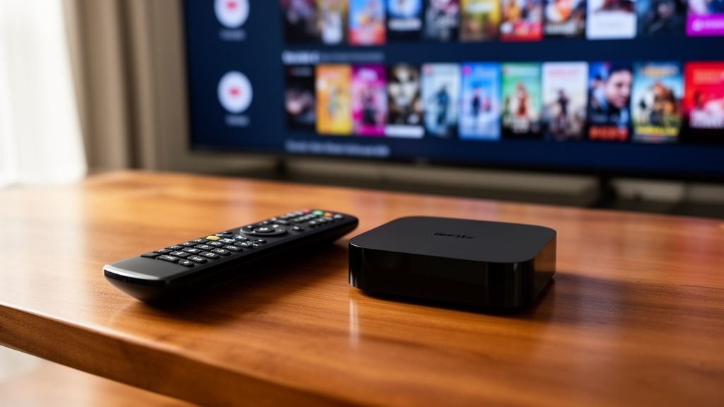 Illustration for best xtream codes — A close-up of a smart TV remote control and a streaming media box sitting on a wooden coffee table