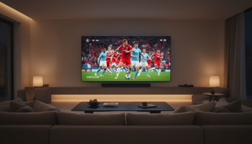 Illustration for best xtream codes — A modern living room setup with a large flat-screen TV displaying a live sports broadcast on a streaming app interface