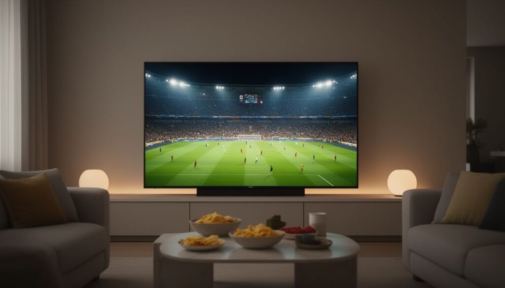 Illustration for iptv au subscription — A living room TV showing a live football match in a floodlit stadium, remote and snacks on the table