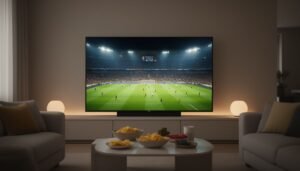 Illustration for iptv au subscription — A living room TV showing a live football match in a floodlit stadium, remote and snacks on the table