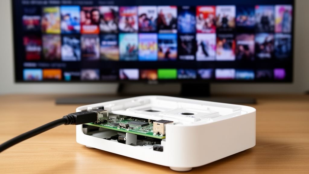 Illustration for iptv au subscription — An Android TV box with its lid removed showing the circuit board, an HDMI cable beside it on a wooden desk