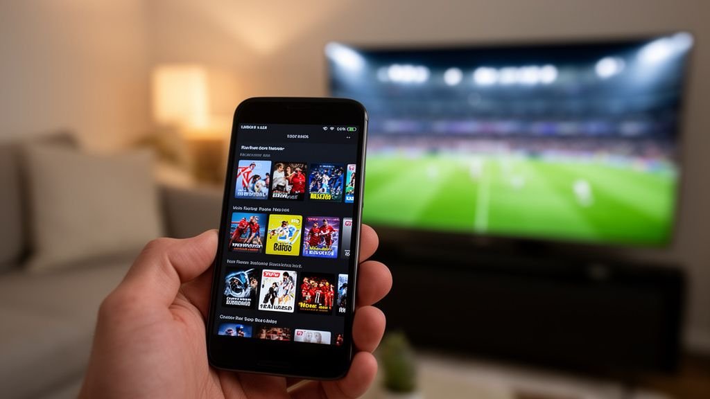 Illustration for live sports iptv — A close-up of a hand holding a smartphone showing a streaming app interface with channel tiles and a play button