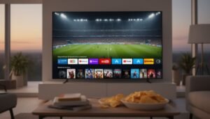 Illustration for live sports iptv — A modern living room setup with a large TV displaying a live football match with spectators in the background