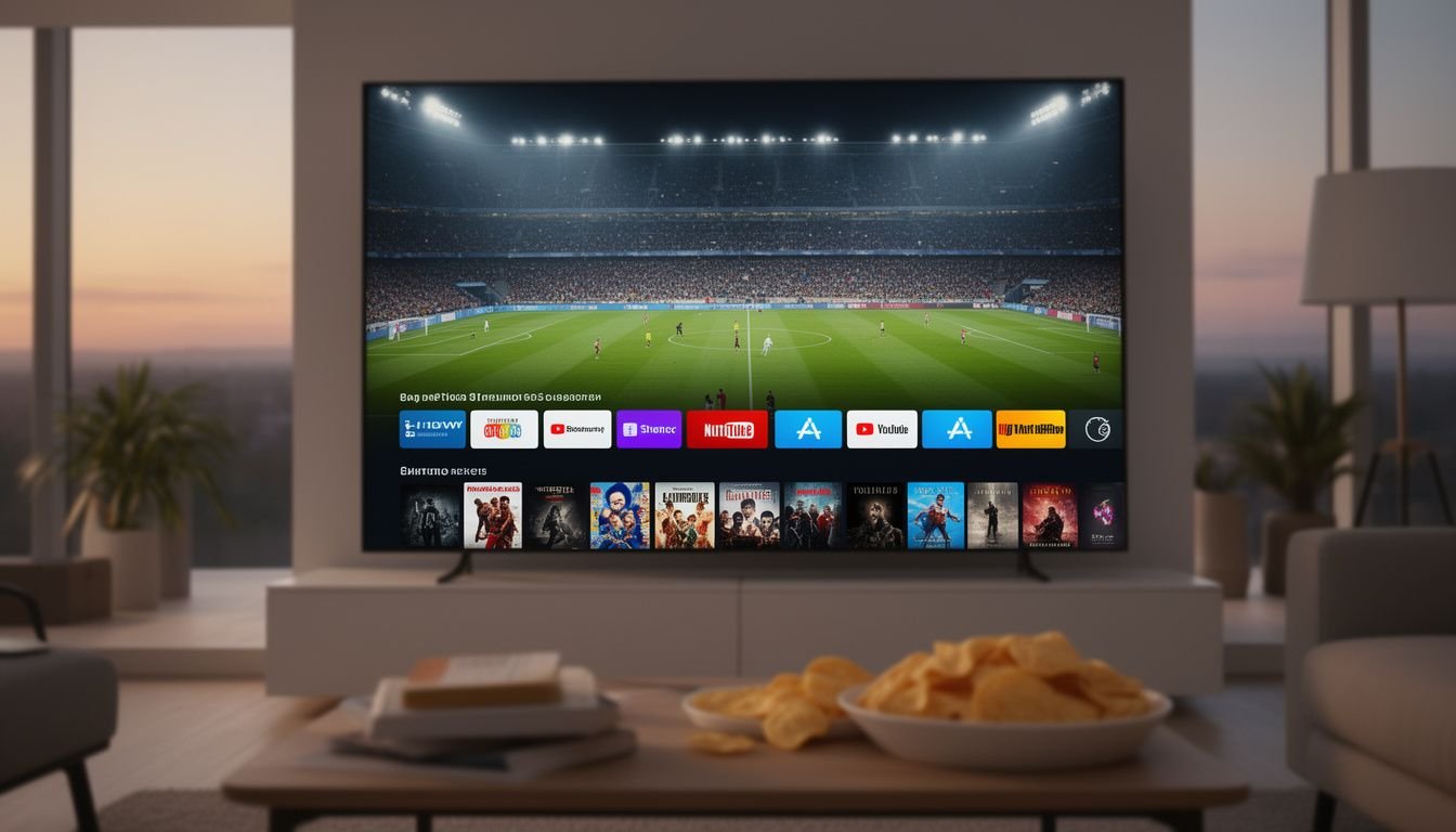 Illustration for live sports iptv — A modern living room setup with a large TV displaying a live football match with spectators in the background