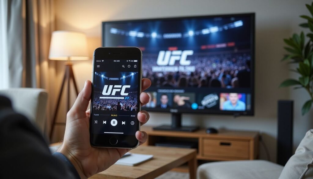 Illustration for ufc ppv live stream iptv — A close-up of a hand holding a smartphone displaying a video player interface
