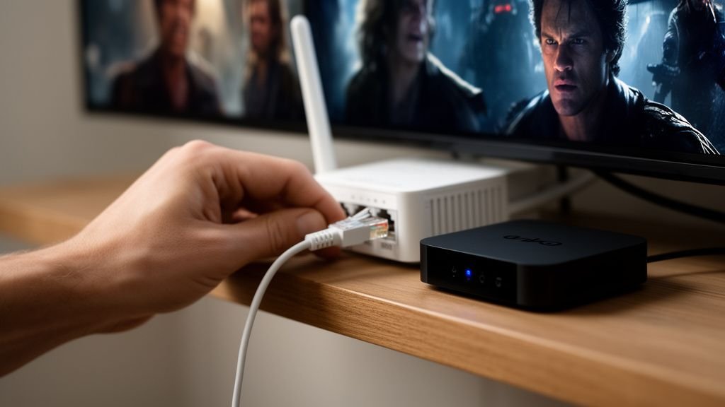 Illustration for ufc ppv stream — A close-up of a hand plugging an ethernet cable into a Wi-Fi router next to a streaming box
