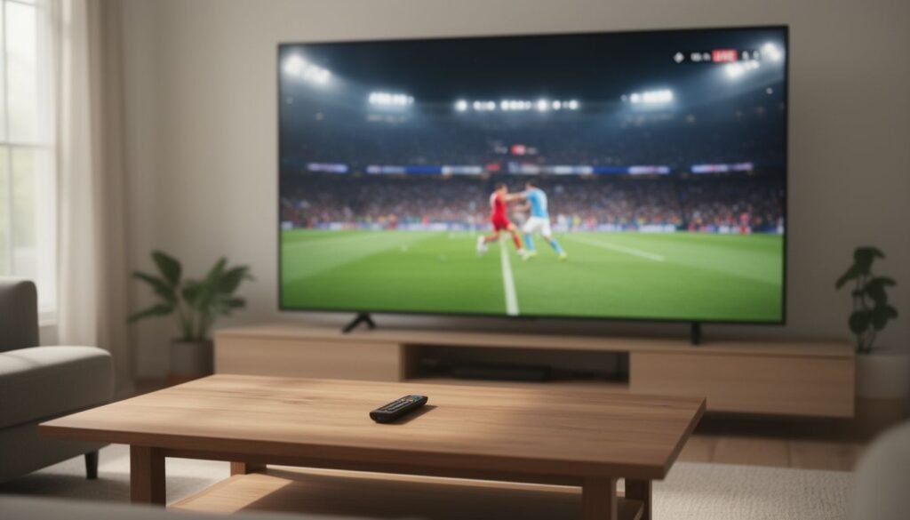 Illustration for ufc ppv stream — A living room TV showing a live fight broadcast with a remote control on a side table