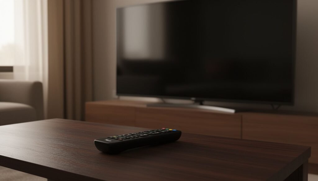 Illustration for Xtream IPTV services — A row of modern streaming devices including a smart TV and a remote control on a dark wooden table