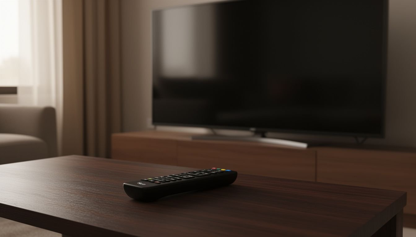 Illustration for Xtream IPTV services — A row of modern streaming devices including a smart TV and a remote control on a dark wooden table
