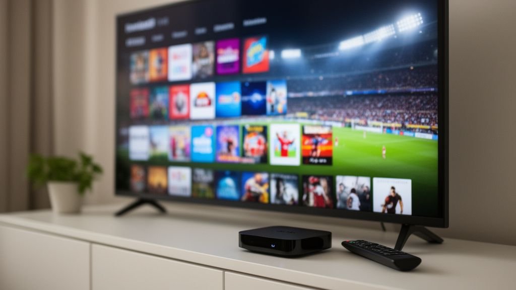 Television showing a streaming app channel grid